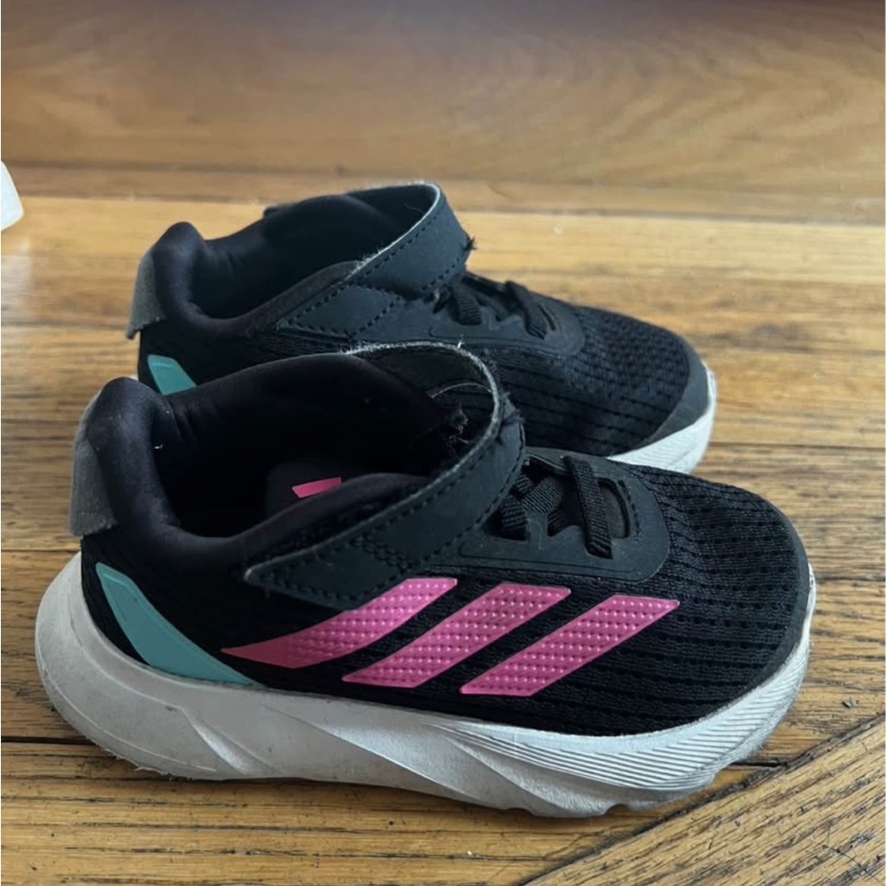 Adidas Kids Black Sneakers with Pink and Blue Accents